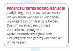 Oproep vrijwilligers Paasactiviteiten Noordveen 2018